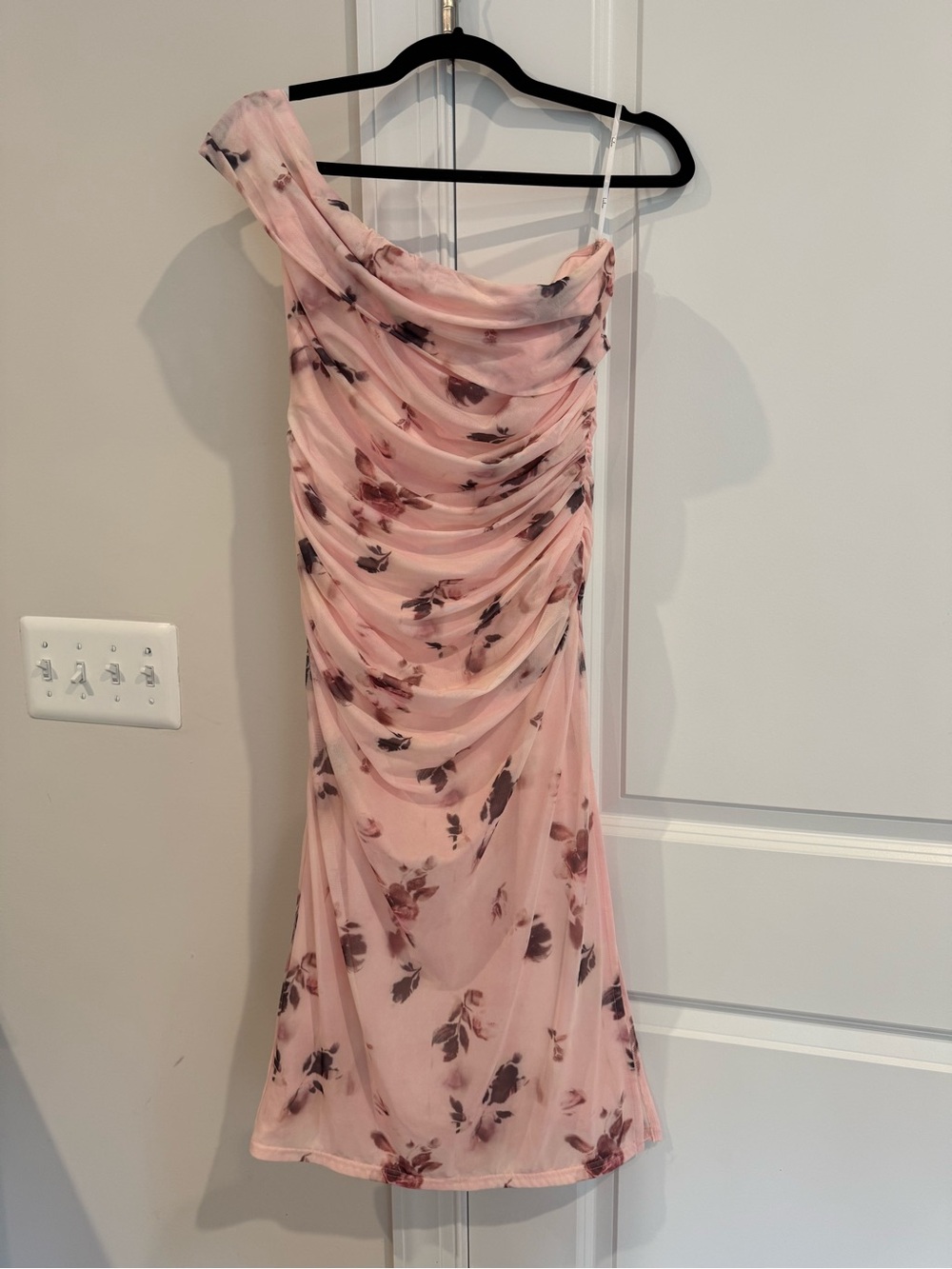 Lulu's Blush Pink One-Shoulder Floral Ruched Dress